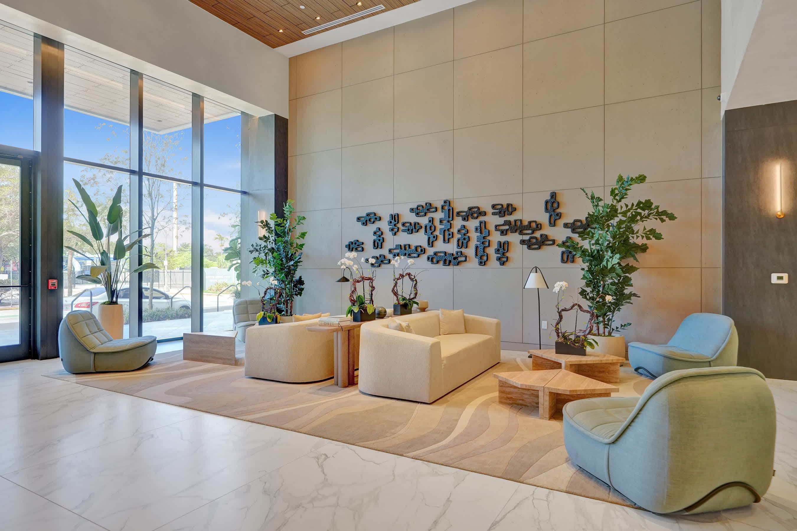 Ultra-modern building lobby with sophisticated styling.