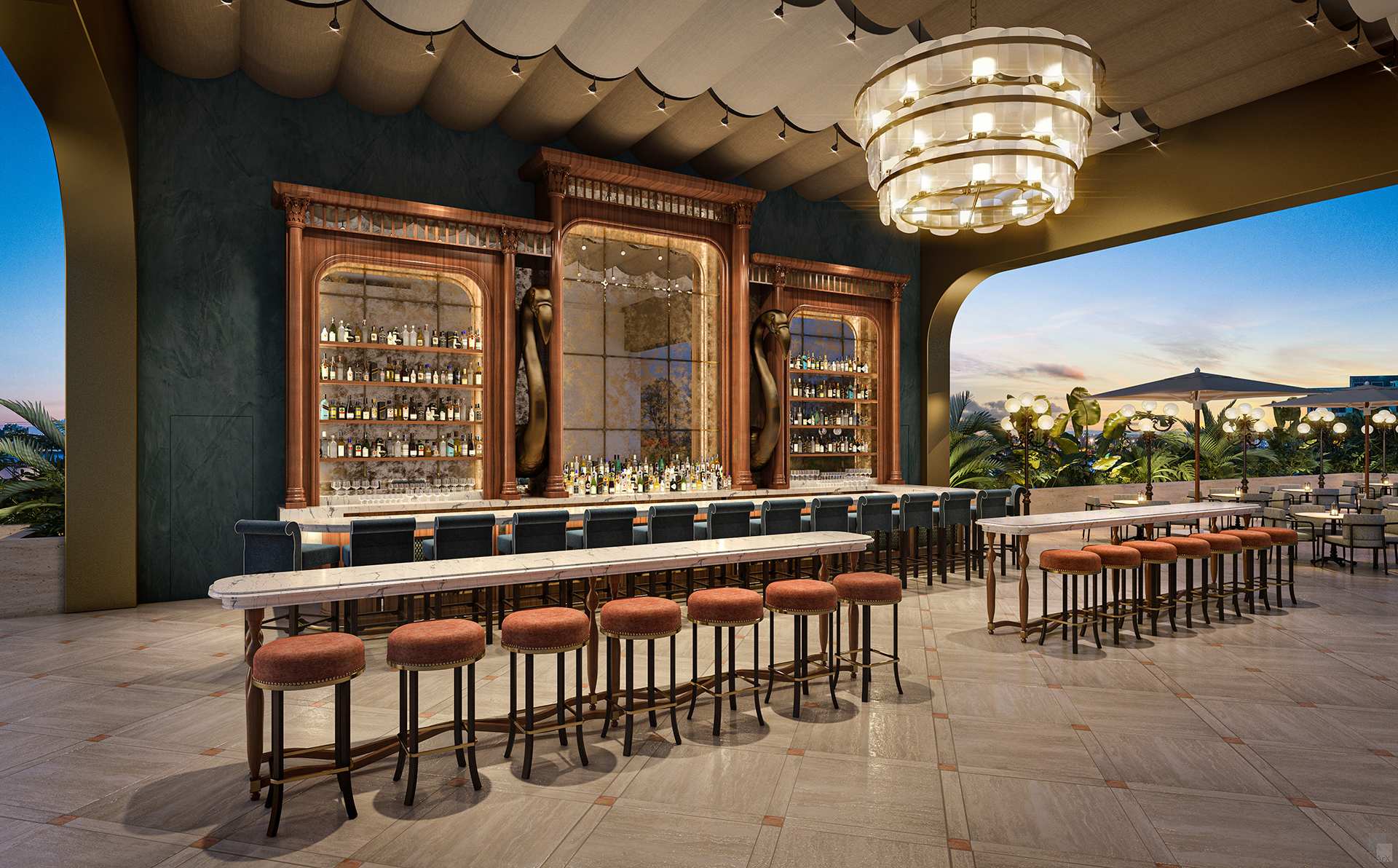 Long bar with upholstered stools and chandeliers.