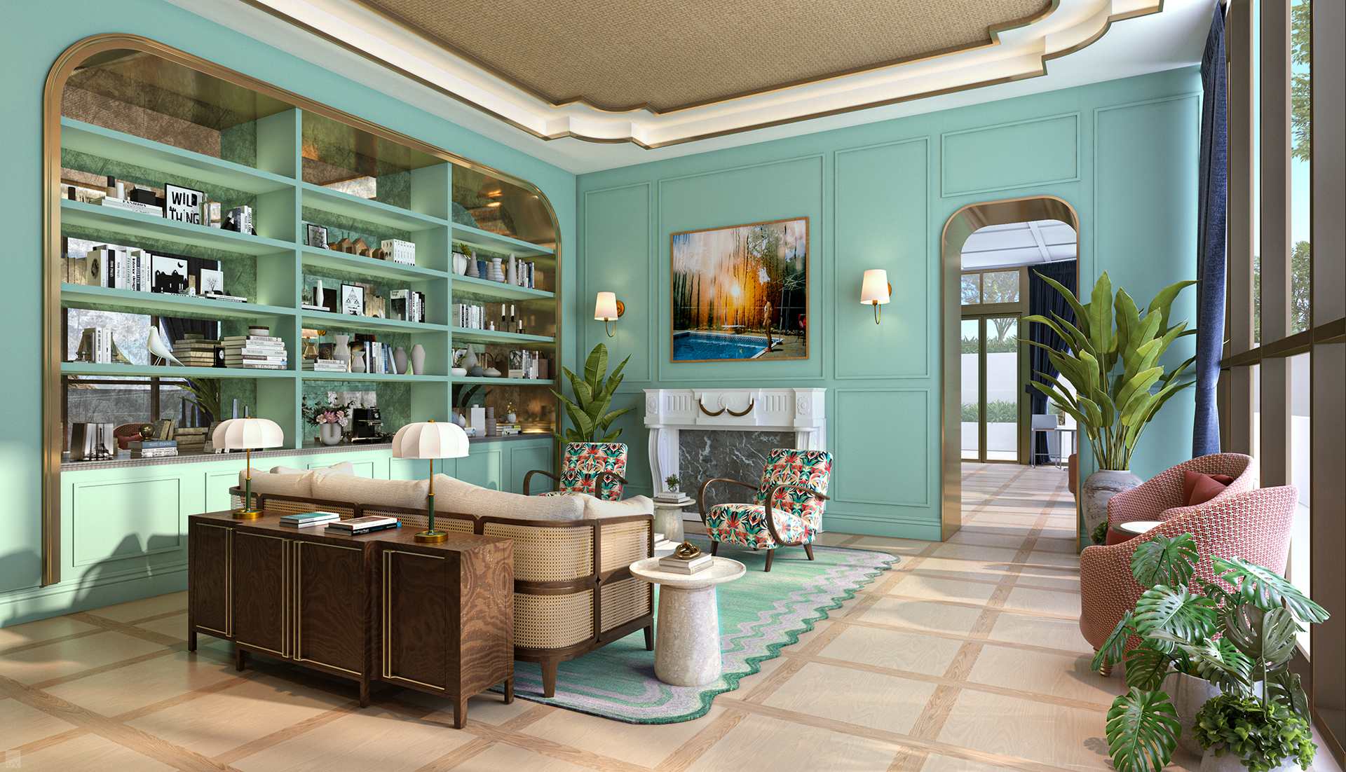 Artfully styled building lobby with vibrant, upscale design.