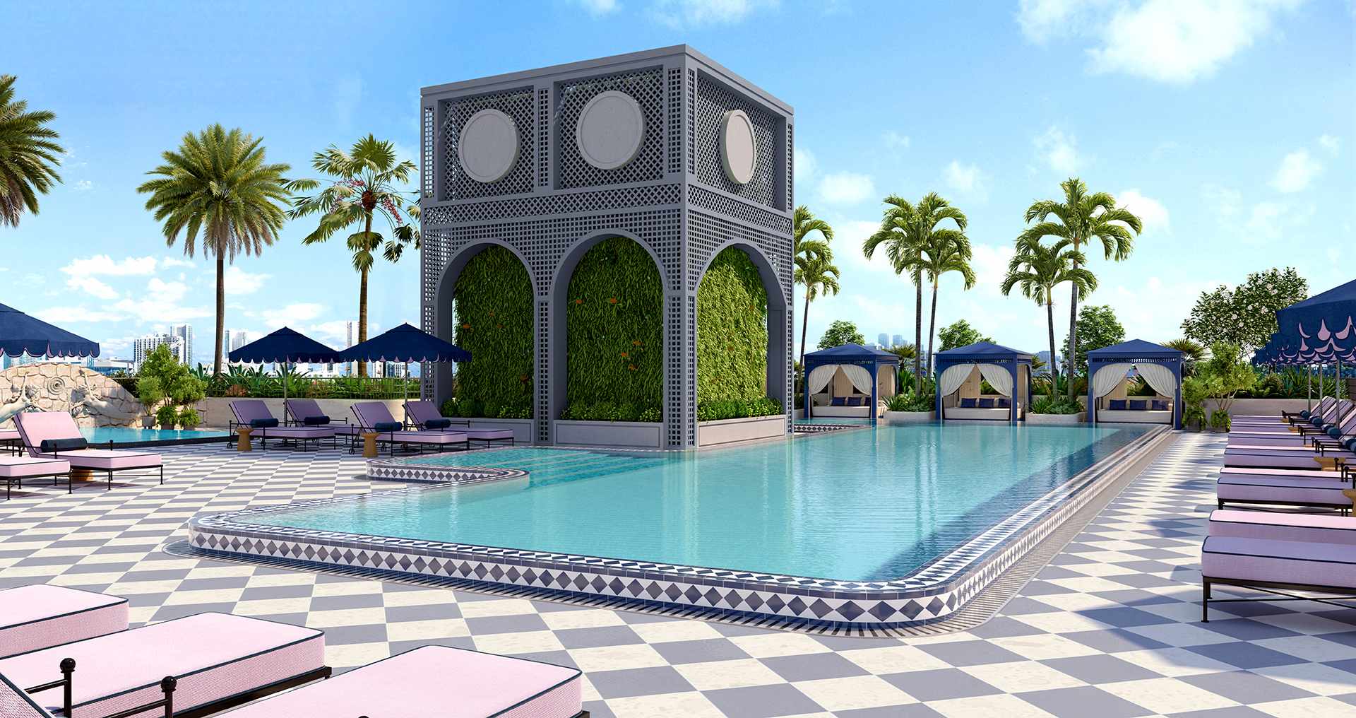 Stunning rooftop pool deck with luxury lounge areas.