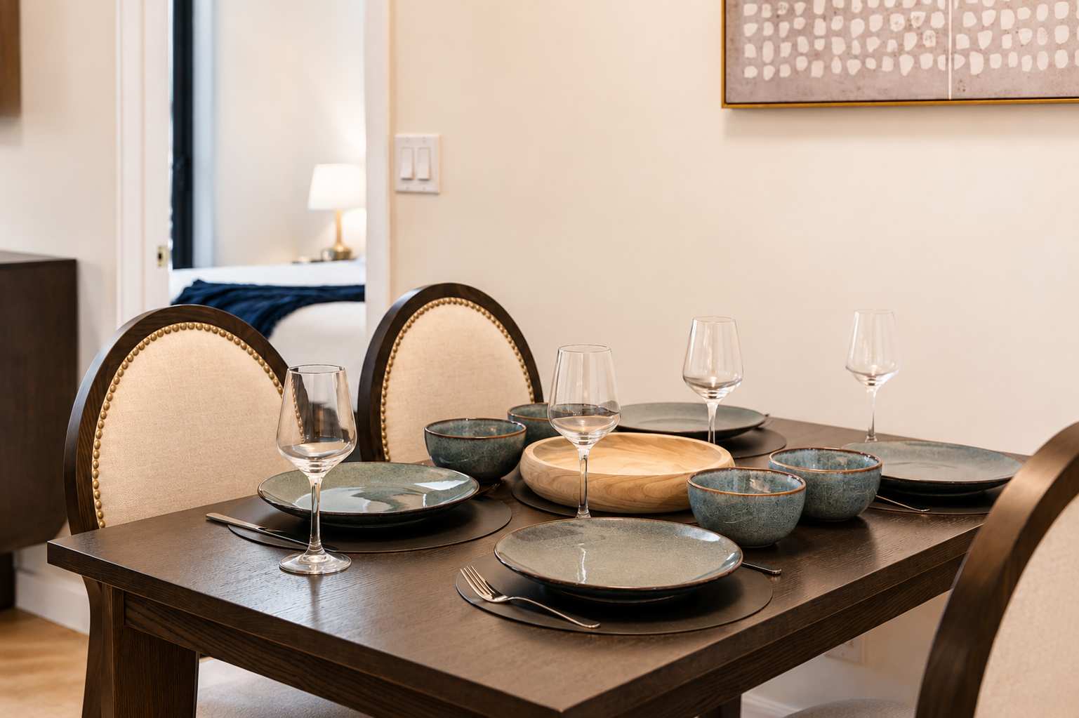 Classy, intimate dining setup for shared meals.