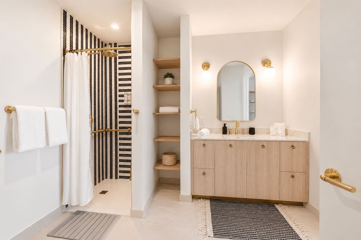 Modern bathroom with clean lines and warm wood accents.