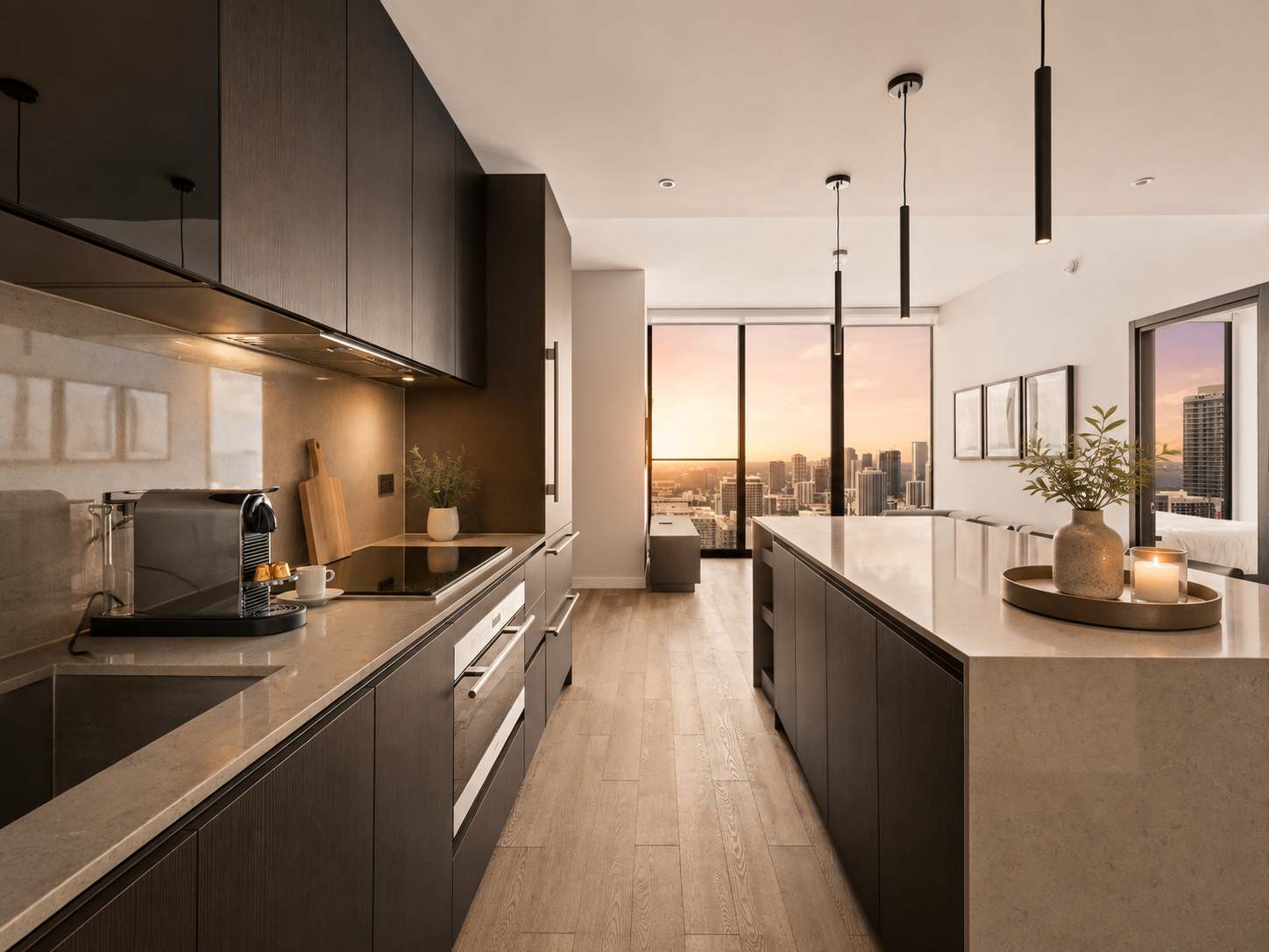 Kitchen counter and island at sunset.