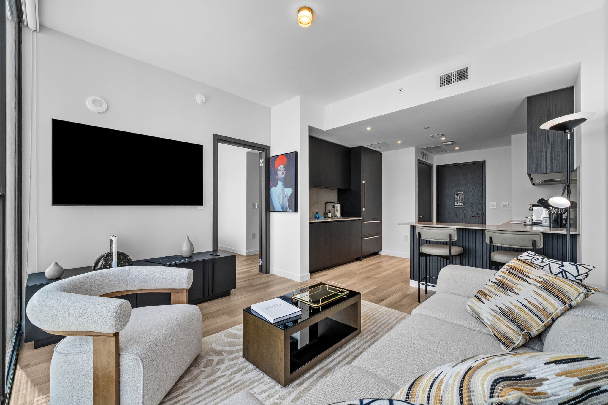 Bright living room with modern seating and a wall-mounted TV